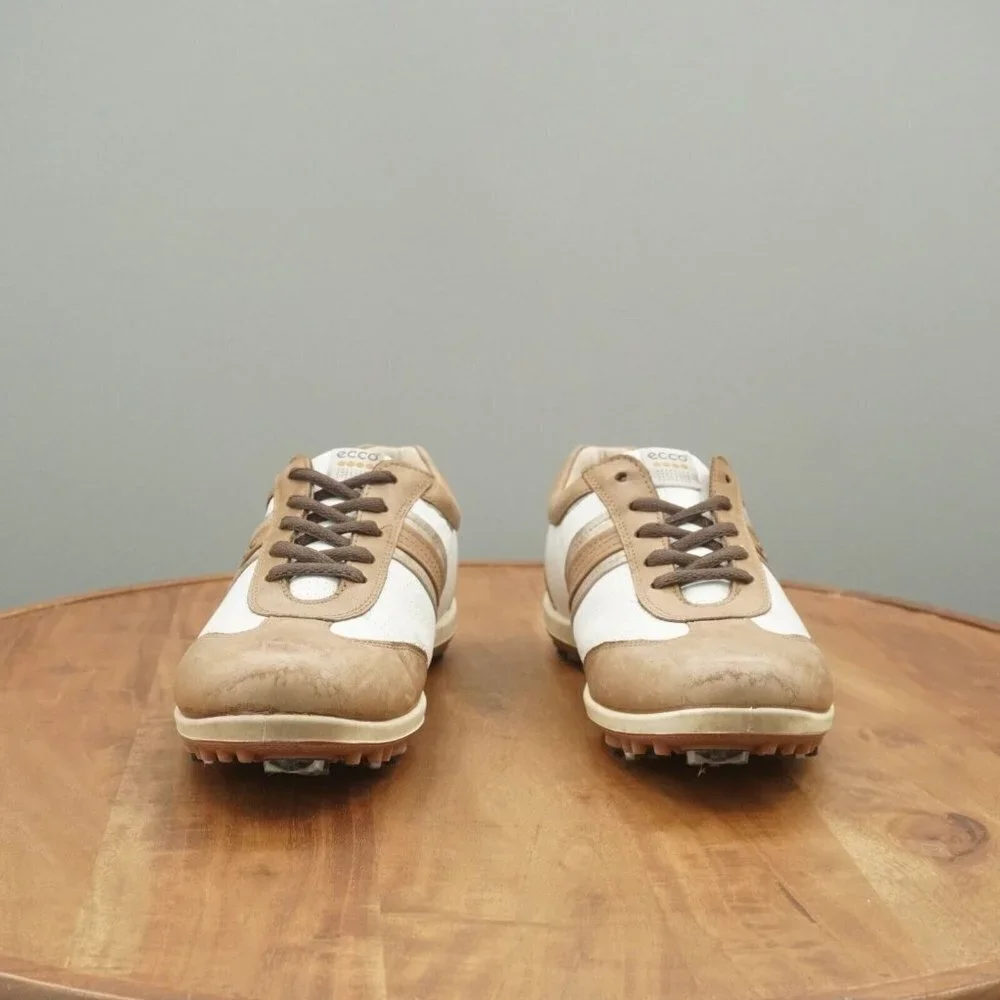 Ecco Womens Golf Shoes White Brown Leather Spiked Waterproof 39 EU / 8 US